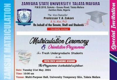 ZAMSUT Matriculation Ceremony and Orientation Exercise for New Students Announced, 2023/2024