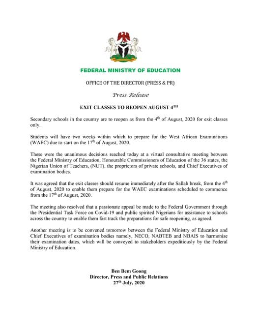 BREAKING: Schools to Reopen August 4th for Graduating Classes, WAEC Candidates Have 2 Weeks to Prepare for Exam