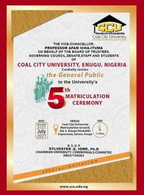 Coal City University 5th Matriculation Ceremony Schedule Announced