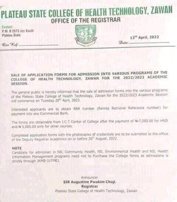 Plateau State College of Health Technology, Zawan (CHTZAWAN) Admission Form, 2022/2023