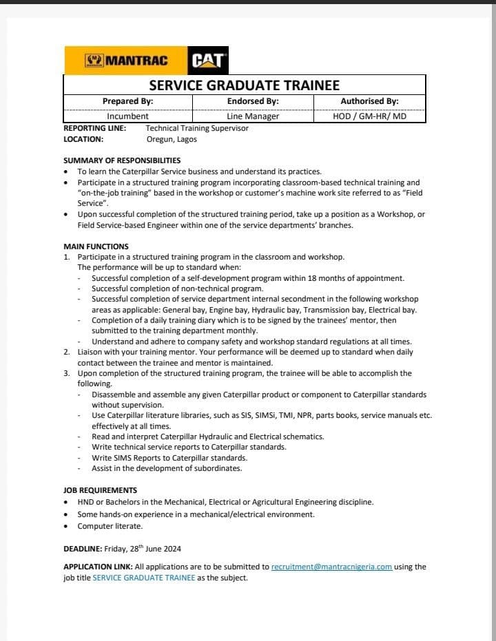 CAT Service Graduate Trainee Programme for Nigerians, 2024 | How to Apply