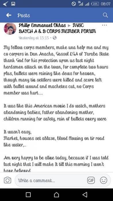 Corps Member Escapes Fulani Herdsmen Massacre, Shares His Ordeal