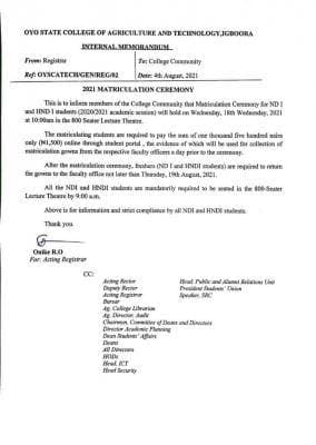 OYSCATECH Matriculation Ceremony: Schedule of Events and Notice to Students