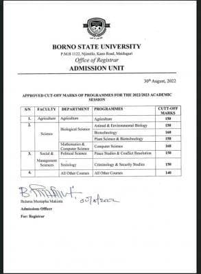 Borno State University (BOSU) Approved Cut-off Marks for 2022/2023 Admission Exercise