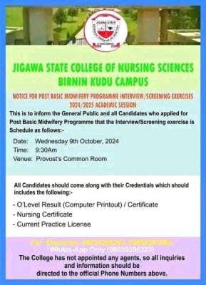 Jigawa College of Nursing Sciences Interview Schedule for Post Basic Midwifery Candidates, 2024/2025
