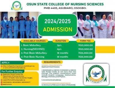 Osun College of Nursing Sciences Admission Form for 2024/2025 Session