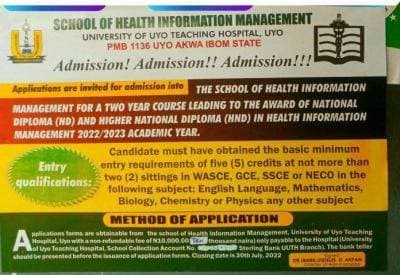 UNIUYO Teaching Hospital (UUTHUYO) School of Health Information Management Admission, 2022/2023