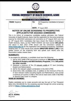Federal University of Health Sciences, Azare (FUHSA) Post-UTME Screening for 2023/2024 Session