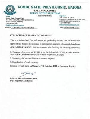 Gombe State Poly Notice on Collection of Statement of Result
