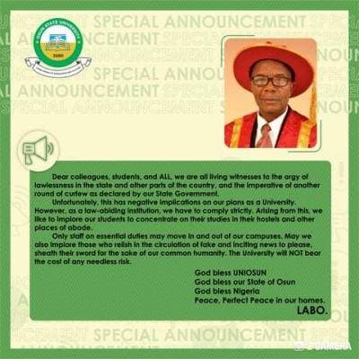 UNIOSUN Vice Chancellor’s Notice to Students and Staff