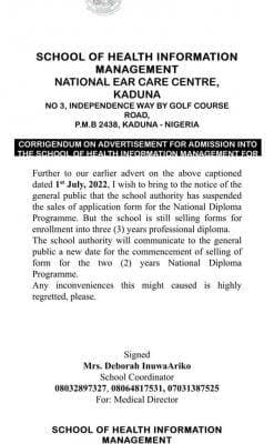 National Ear Care Center, Kaduna Suspends Sales of ND Admission form