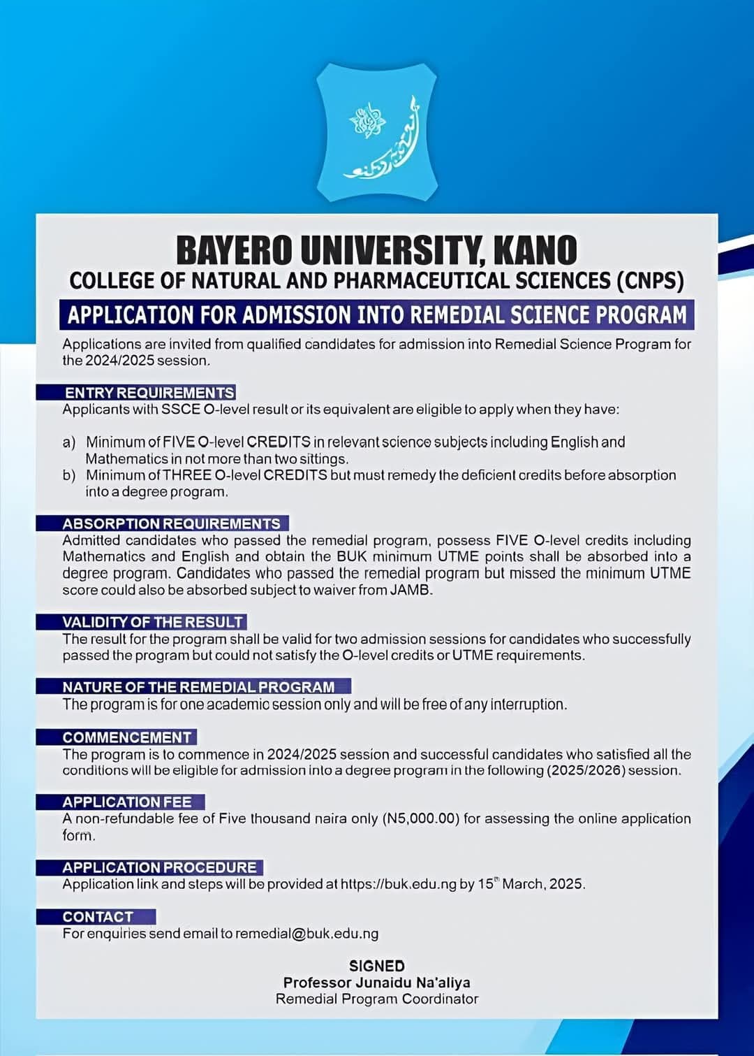BUK Remedial Admission For for 2024/2025 Session