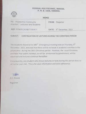 Fed Poly Nekede to Continue Lectures During Christmas Period, Releases Notice to Students