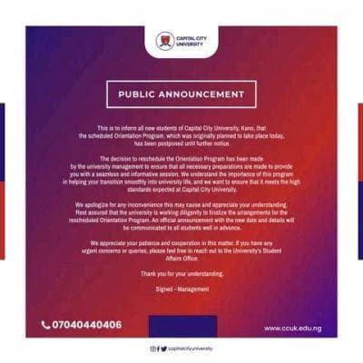 Capital City University Kano (CCUK) Reschedules Orientation Exercise for New Students