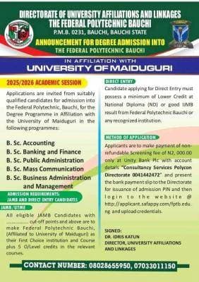 Fed Poly Bauchi Announces Degree Admission in Affiliation with UNIMAID, 2025/2026