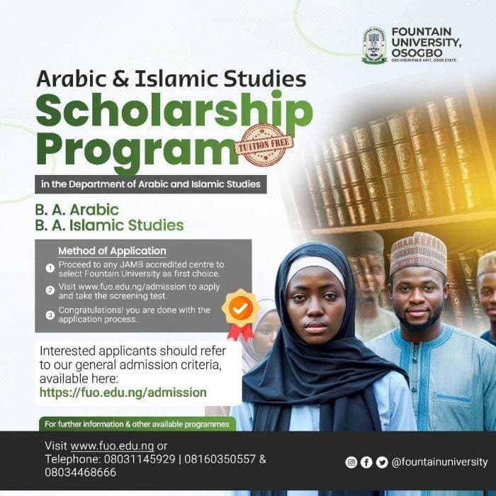 Fountain University Scholarship for Arabic and Islamic Studies Programmes, 2024/2025