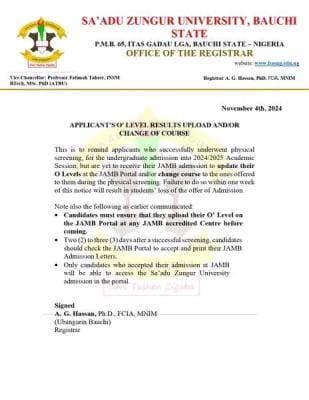 SAZU Notice on Uploading of O’level Results, Change of Course