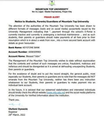 Mountain Top University Fraud Alert Notice on Payments