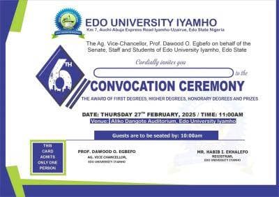 Edo University 6th Convocation Ceremony: Schedule of Events