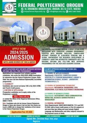 Fed Poly Orogun Post UTME Screening Exercise for 2024/2025 Session
