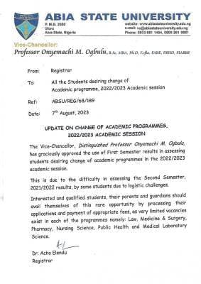 ABSU Notice on Change of Academic Programmes for 2022/2023