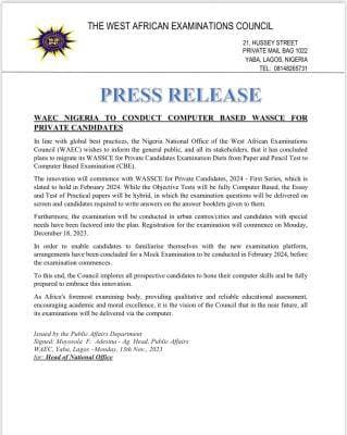 WAEC to Conduct Mock CBT Portal for GCE Candidates, 2024 1st Series