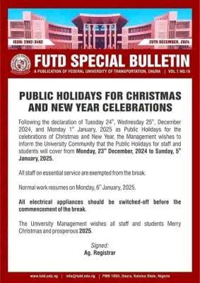 FUTD Announces End of Year Holidays, Resumption Date