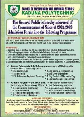 KADPOLY IJMB Admission Form for 2021/2022 Session